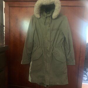 WOMENS sz XS GAP Army Green Cargo Utility Coat , Removable Quilted Jacket & hood